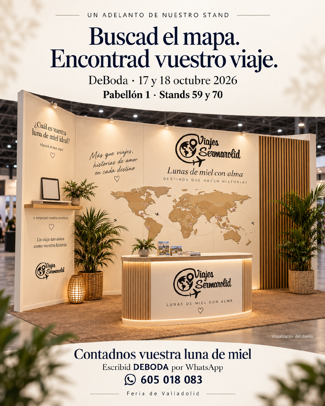 Adelanto del diseño del stand de Viajes Sermarolid: mapa, lema y mostrador